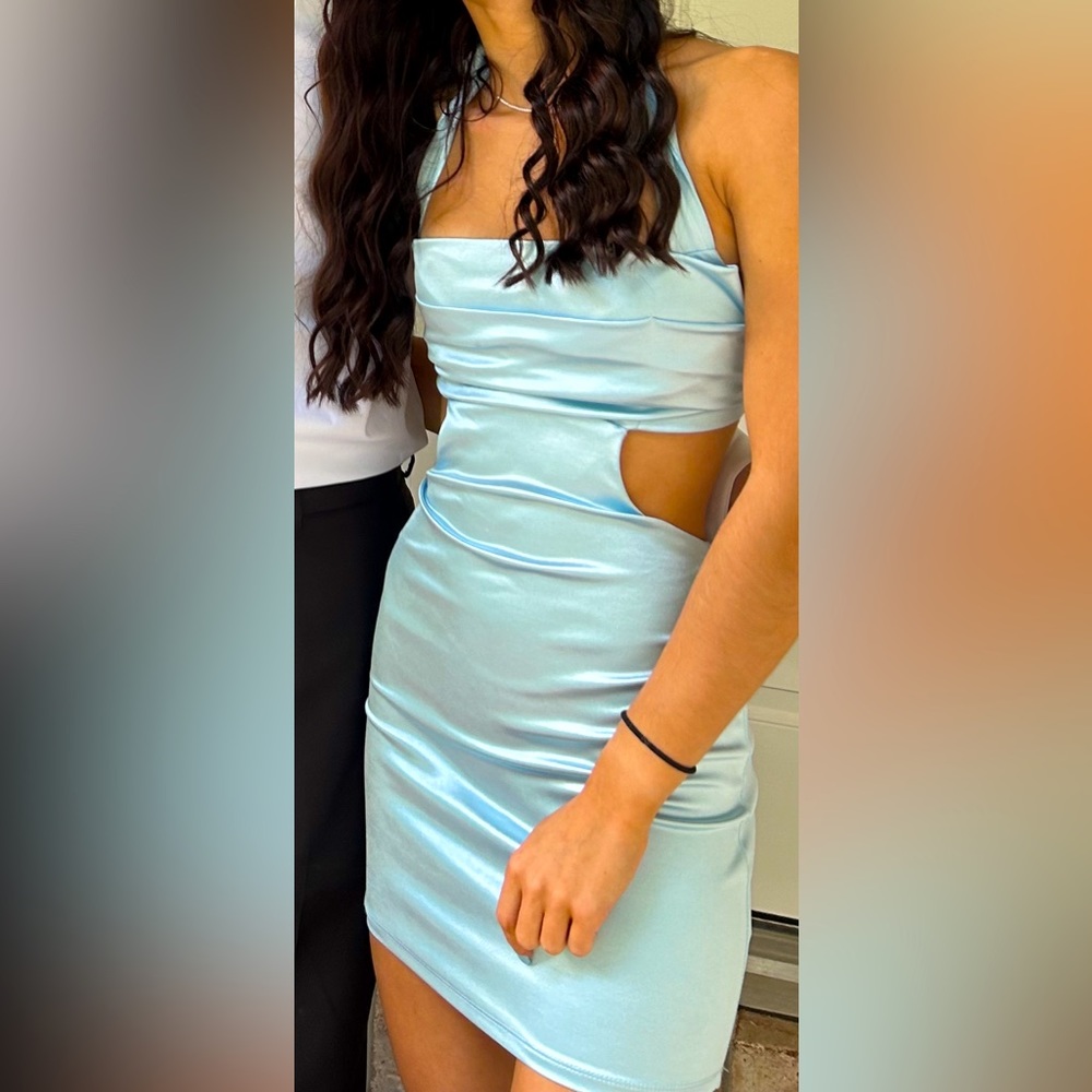 Light blue satin Lucy in the Sky open back homecoming dress with cutouts